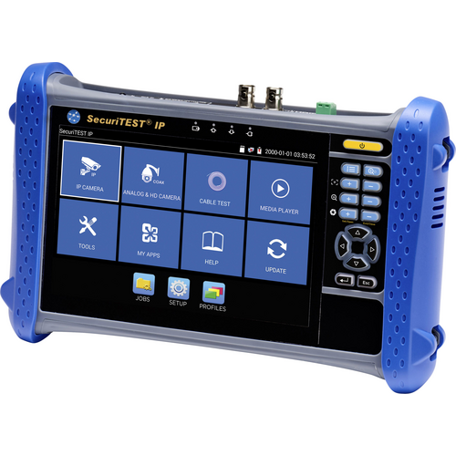 Handheld-Gerät mit Bildschirm, auf dem verschiedene Funktionen angezeigt werden: 'IP Kamera', 'Analog HD Kamera', 'Kabeltest', 'Medienplayer'.